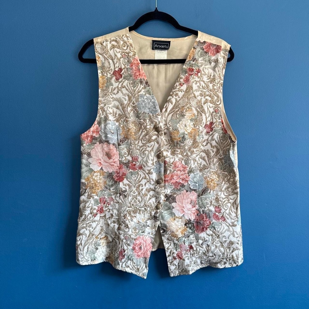 Vintage 90s Floral Vest Women's Size Large Anxiety Pink Beige Button Front Twee